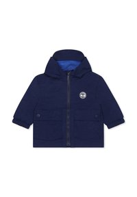 Giacca per bambini blu navy realizzata in materiale leggero, con zip frontale, cappuccio, due tasche frontali e una fodera interna in rete.
