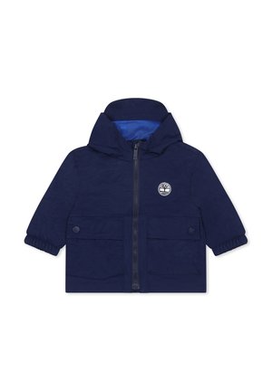 Veste pour enfants bleue marine en matériau léger, avec une fermeture éclair à l'avant, une capuche, deux poches avant et une doublure en filet intérieur.
