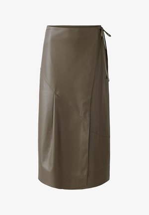 Olive green leather midi skirt with a side tie, featuring a geometric panel design and smooth texture.