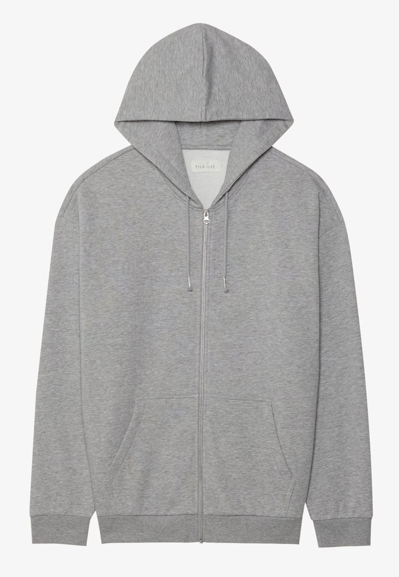 Grauer Reißverschluss-Hoodie mit einer großen Kapuze, Vordertaschen und gerippten Bündchen. Hergestellt aus weichem, strukturiertem Stoff mit lockerer Passform.