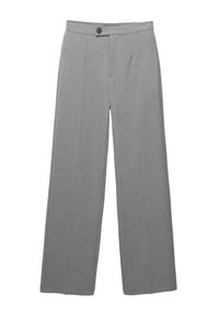 Pantalon gris clair à jambes larges avec fermeture à boutons et fermeture éclair à l'avant, taille cintrée sur mesure et pli marqué le long de chaque jambe.