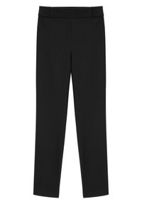 Černé kalhoty s hladkým, elastickým pasem, zúženými nohavicemi a bez viditelných švů, položené na neutrálním pozadí.