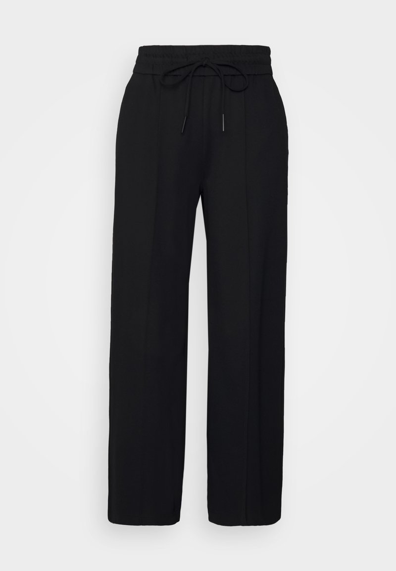 Pantalon noir taille haute à jambes larges avec ceinture élastique et cordon de serrage à l'avant.