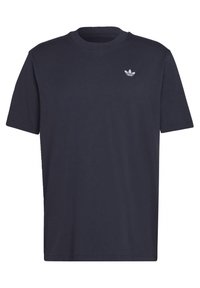 Marinblå bomulls T-shirt med klassisk rund halsringning, korta ärmar och en liten vit Adidas-logotyp på bröstet. Slät textur.