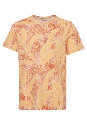 T-shirt med korte ærmer, der har et tropisk bladtryk i gul og orange på et let stof, med rund halsudskæring og afslappet pasform.