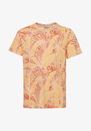 Rövid ujjú póló trópusi levélmintával sárga és narancssárga színben, könnyű anyagból, kerek nyakkivágással és laza fazonnal.