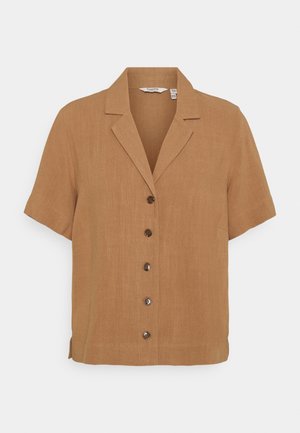Short-sleeve light brown button-front shirt with a notched collar, five buttons, and a loose fit.