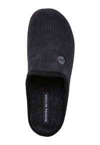 Black corduroy slipper with a textured upper, open back, and gray logo. Features soft interior lining and a solid black sole.
