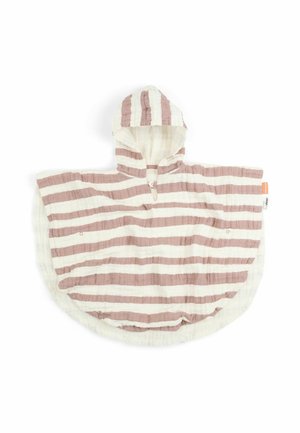 Babypocho met capuchon met horizontale beige en witte strepen en drukknoopjes aan de voorkant en zijkanten.