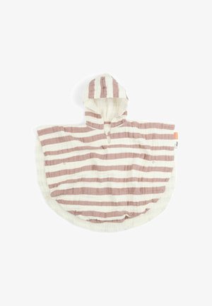 Hættebeklædt babyponcho med vandrette beige og hvide striber og trykknapper foran og på siderne.