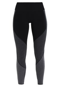 Czarne legginsy z wysokim stanem, z szarymi i paskowanymi panelami. Charakteryzują się gładką fakturą i dopasowanym krojem dla komfortu i elastyczności.