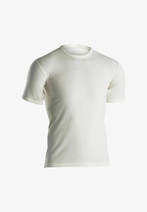 Weißes T-Shirt mit kurzen Ärmeln aus leichtem Stoff. Verfügt über einen Rundhalsausschnitt und gerippte Abschlüsse an Ärmeln und Saum. Glatte Textur.