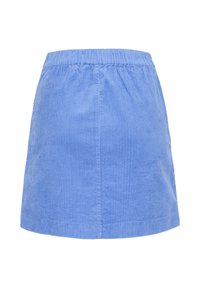Jupe trapèze en velours côtelé bleu avec taille élastique, longueur genou, sans motifs ni décorations visibles, isolée sur fond blanc.