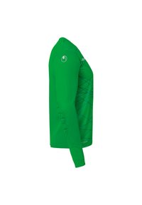 T-shirt de sport à manches longues en vert vif, présentant une texture lisse, un motif géométrique en vert clair et un design ergonomique avec des accents aux épaules.