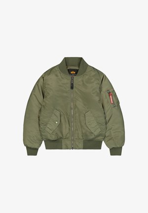 Olivgrüne Bomberjacke mit Frontreißverschluss, zwei Pattentaschen mit Druckknöpfen, gerippten Bündchen und Saum sowie Reißverschlussfach am Ärmel mit rotem Etikett.