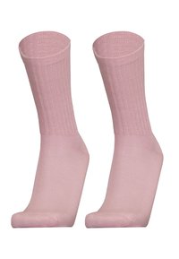 Rosa ribbes Crew-Socken mit weicher Textur, ausgestattet mit verstärktem Zehen- und Fersenbereich für Langlebigkeit. Glatte Oberfläche ohne sichtbare Muster.