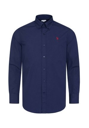 Navy blue long-sleeve button-down shirt with buttoned collar and small red embroidered logo on the left chest.