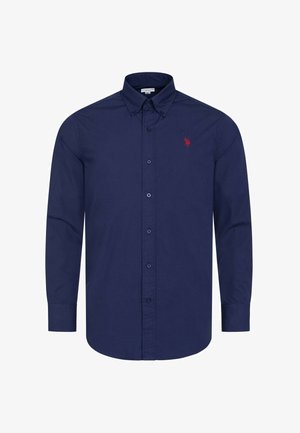 Navy blue long-sleeve button-down shirt with buttoned collar and small red embroidered logo on the left chest.