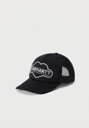 Black mesh baseball cap with curved brim and white outlined heart logo reading "CARHARTT" on front panel.