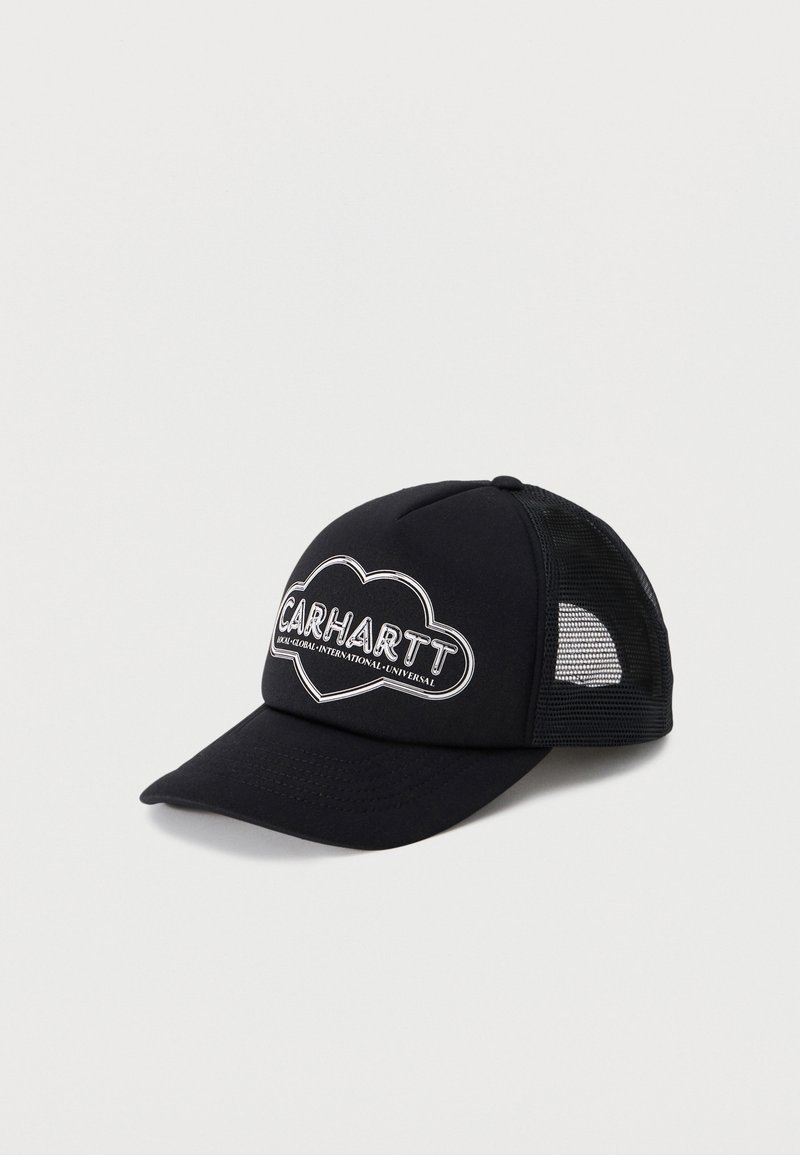Casquette de baseball noire en maille avec une visière incurvée et un logo en forme de cœur blanc bordé, sur lequel est inscrit "CARHARTT" sur le panneau avant.