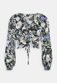 Cropped top floreale in nero con motivi verdi, blu e gialli. Presenta maniche a sbuffo lunghe e una cintura regolabile in vita.
