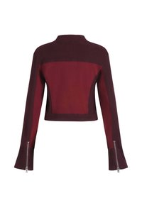 Tylny widok na krótko skrojoną bordową kurtkę z długimi rękawami, z srebrnymi zamkami błyskawicznymi przy mankietach oraz panelami z tkaniny w różnych kolorach.