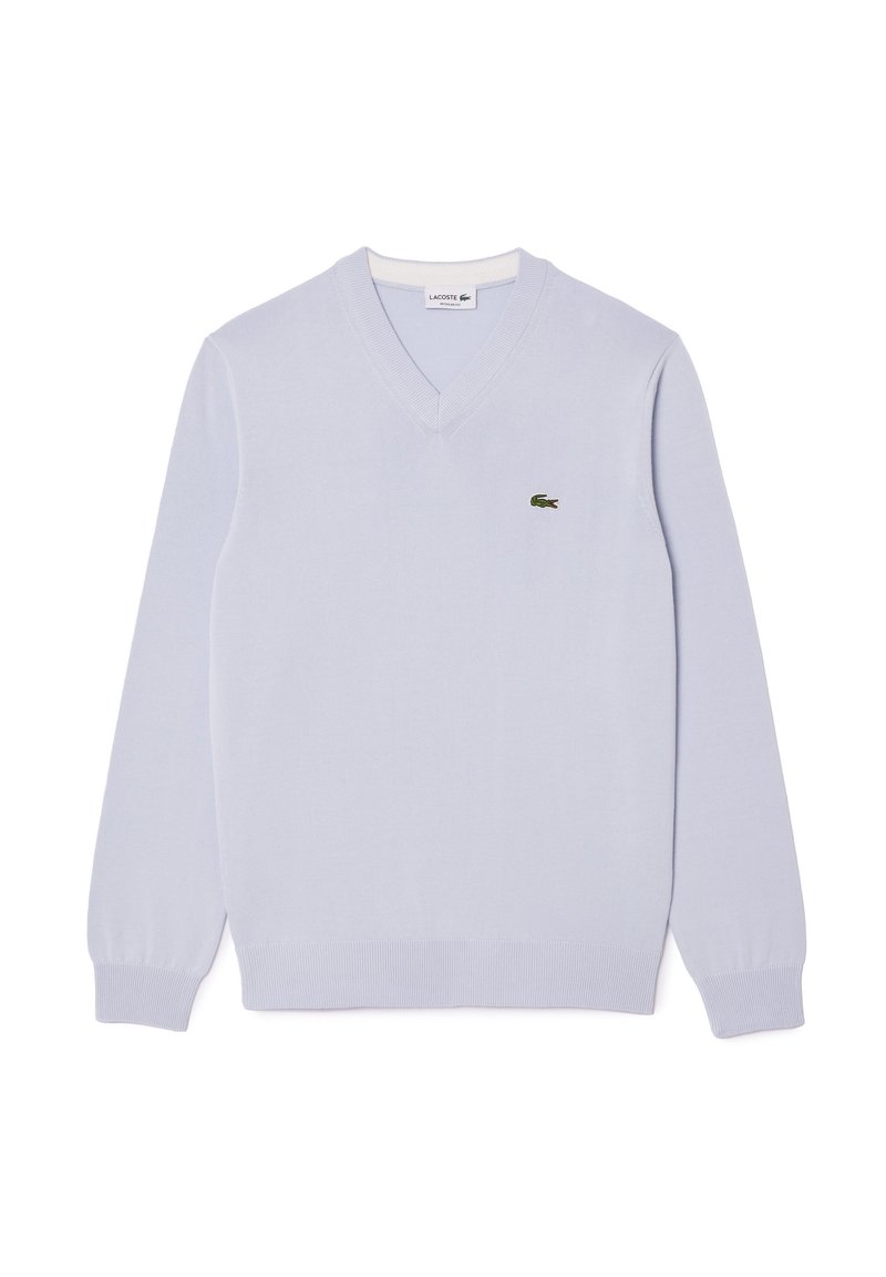 Helles blaues V-Neck-Pullover aus Strickstoff, mit langen Ärmeln und kleinem grünen Krokodil-Logo auf der Brust.