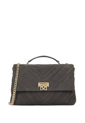 Gray suede handbag with chevron quilting, gold-tone hardware, chain and top handle, featuring a fold-over flap and logo detail.