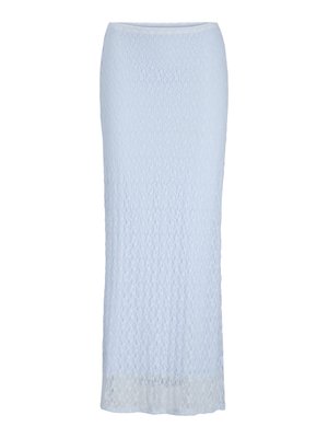 Falda lápiz de encaje azul claro con corte recto, cintura alta y superposición de encaje floral semitransparente que llega hasta los tobillos.