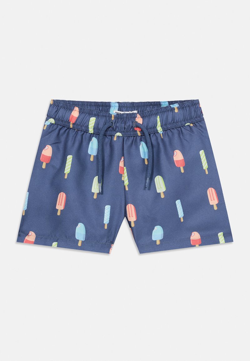 Shorts de bain pour enfants bleu marine avec taille élastique et motif de sucettes glacées colorées en rouge, bleu, vert et nuances pastel.