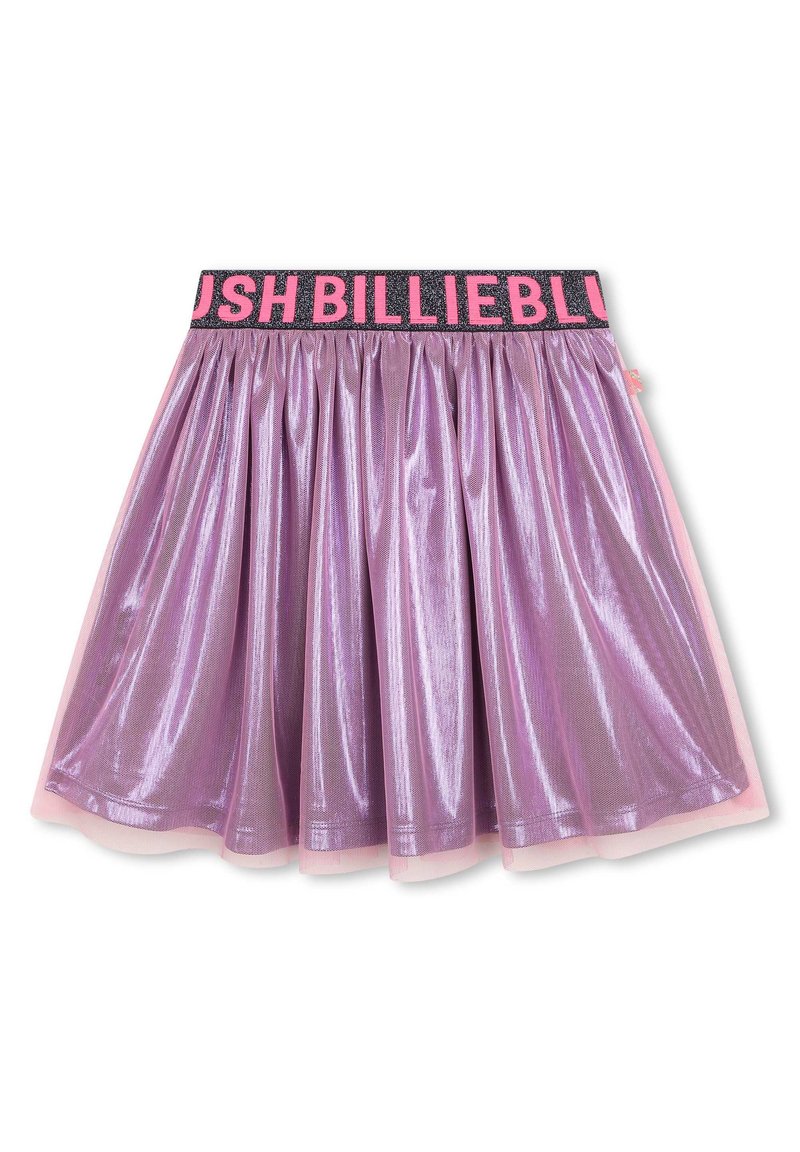 Violets satīna svārki ar rozā elastīgu jostu, uz kuriem ir melns teksts "BILLIEBLUSH" izciliem burtiem.