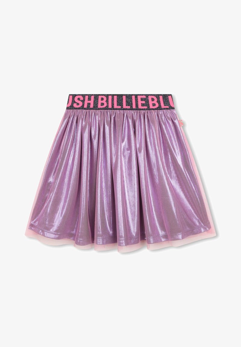 Lila glänzender Tüllrock mit pinkem Gummibund, auf dem in fetten Buchstaben der schwarze Text "BILLIEBLUSH" steht.