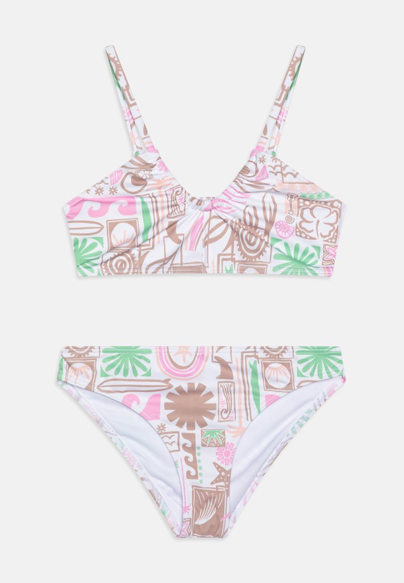 Bikini deux pièces avec fines bretelles, présentant un imprimé multicolore en rose, vert et marron sur fond blanc. Tissu léger, texture lisse.