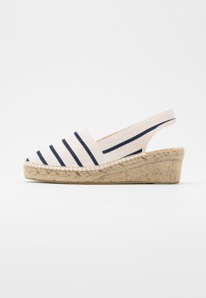 Højhælede espadrilles med en beige canvasoverdel med marineblå striber, lukket tå og en juteindpakket hæl. Slingback-design for nem påtagning.