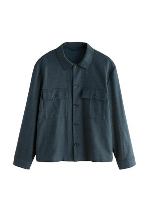 Dunkelgraue Wollmischjacke mit Kragen, zwei Brusttaschen und durchgehender Knopffront. Sie hat lange Ärmel und einen lockeren Schnitt.