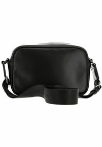 Borsa a tracolla nera in pelle, di forma rettangolare, con superficie liscia, tracolla regolabile e dettagli in metallo argentato.
