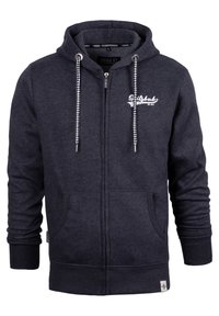 Dunkelgrauer Reißverschluss-Hoodie mit einer Kapuze mit Zugband, Fronttaschen, gerippten Bündchen und weißen Logodetails auf der Brust, aus weichem Stoff gefertigt.