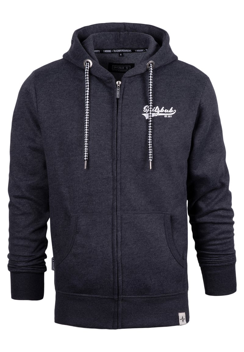 Dunkelgrauer Reißverschluss-Hoodie mit einer Kapuze mit Zugband, Fronttaschen, gerippten Bündchen und weißen Logodetails auf der Brust, aus weichem Stoff gefertigt.