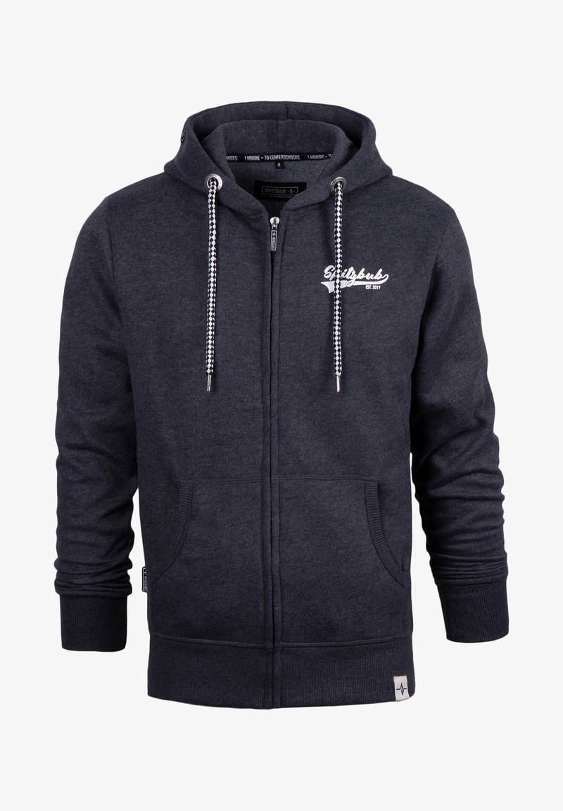 Dunkelgrauer Reißverschluss-Hoodie mit einer Kapuze mit Zugband, Fronttaschen, gerippten Bündchen und weißen Logodetails auf der Brust, aus weichem Stoff gefertigt.