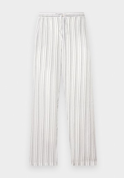 Pantalons larges à rayures en tissu léger, dotés d'une taille à cordon. Couleurs : blanc avec de fines rayures verticales gris clair et gris foncé.