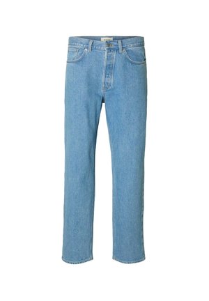 Jean en denim bleu clair avec une coupe droite. Les caractéristiques incluent une fermeture à bouton, cinq poches et des surpiqûres le long des coutures.