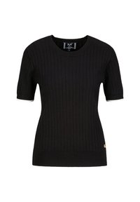 Zwart geribd kortärmelig shirt met een ronde halslijn en witte accenten op de manchetten. Heeft een goudkleurig logo detail aan de zoom.