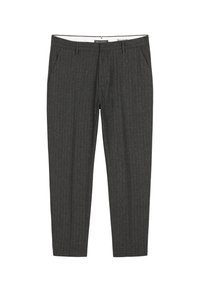 Grijze pantalon met krijtstrepen, gemaakt van een gestructureerde stof, voorzien van zijzakken en een tailleband met haaksluiting.