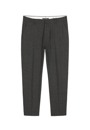 Grau gestreifte Hose aus strukturiertem Stoff, mit seitlichen Taschen und einem Bund mit Hakenverschluss.