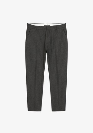 Grau gestreifte Hose aus strukturiertem Stoff, mit seitlichen Taschen und einem Bund mit Hakenverschluss.