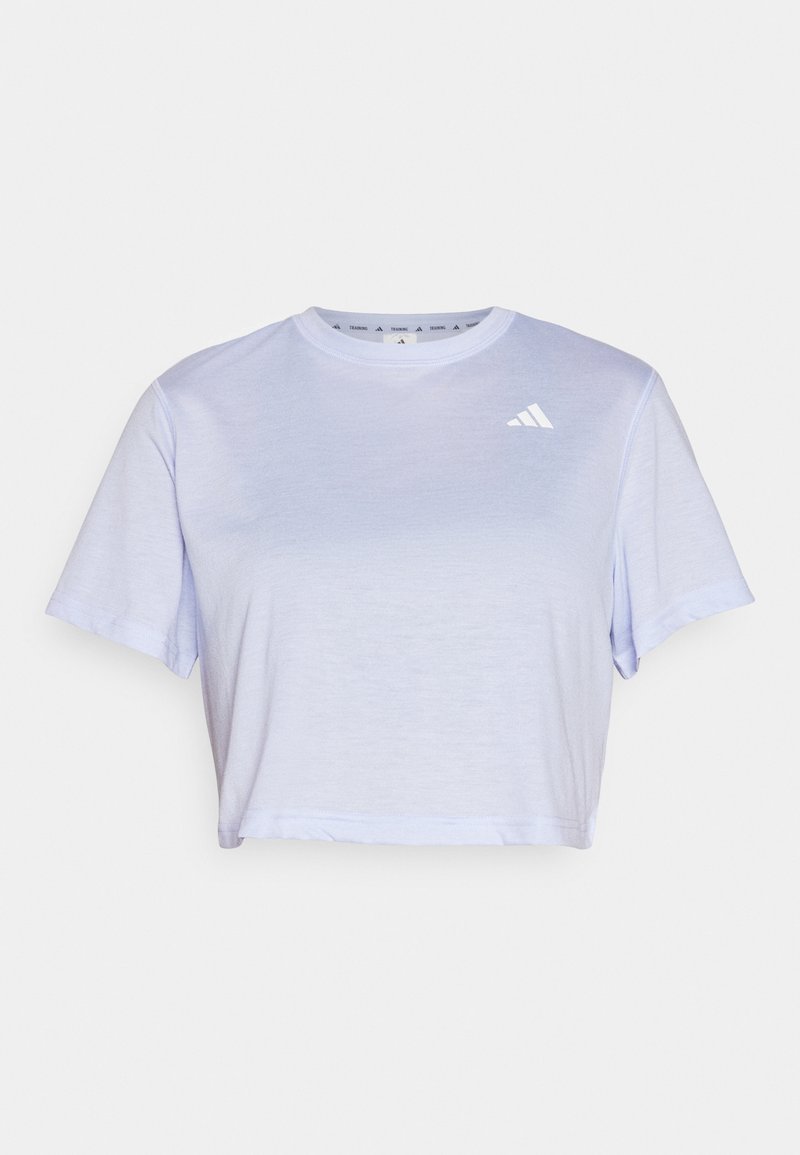 Camiseta de manga corta y corte corto en lavanda clara, hecha de una tela suave. Presenta un pequeño logo blanco en la parte superior izquierda del pecho.