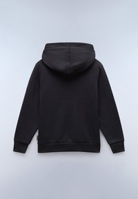 Felpa nera con cappuccio, caratterizzata da una texture liscia, un cappuccio ampio, polsini e orlo a coste, e un'etichetta discreta sul lato.