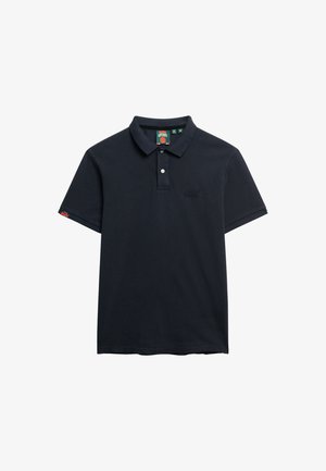 Polo shirt blu navy realizzato in cotone, con un colletto e una chiusura a due bottoni, e un piccolo logo sul petto. Maniche corte con dettagli a contrasto.