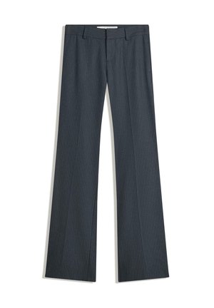 Dark gray pinstripe trousers with a flared leg design, featuring a flat front, belt loops, and side pockets. Made of lightweight fabric.