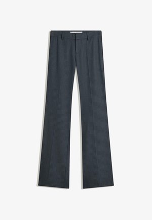 Dark gray pinstripe trousers with a flared leg design, featuring a flat front, belt loops, and side pockets. Made of lightweight fabric.